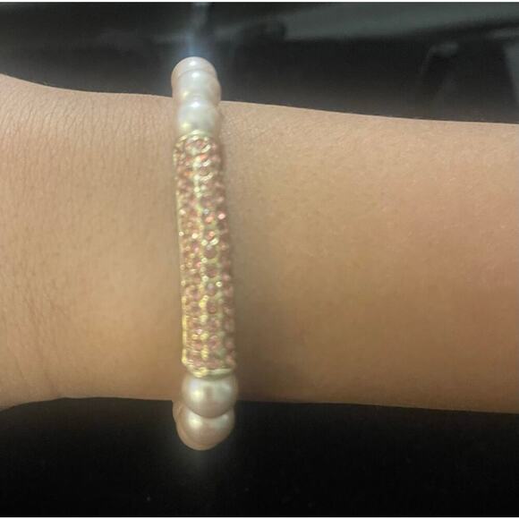 Pink Rhinestone Faux Pearl Gold Tone Adjustable Bracelet - Picture 2 of 3